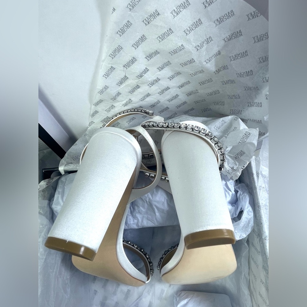 Badgley Mischka Tasmine Tall Evening Sandals. White Satin. - Picture 9 of 14